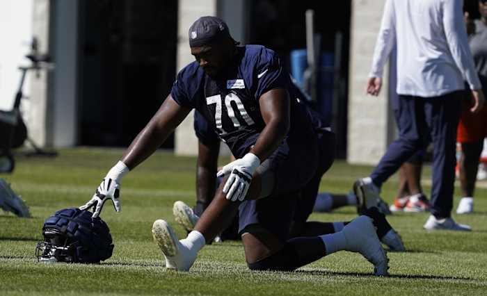 Jul 30, 2022; Lake Forest Illinois, US; Chicago Bears offensive lineman Braxton Jones (70) during training camp at Halas Hall.